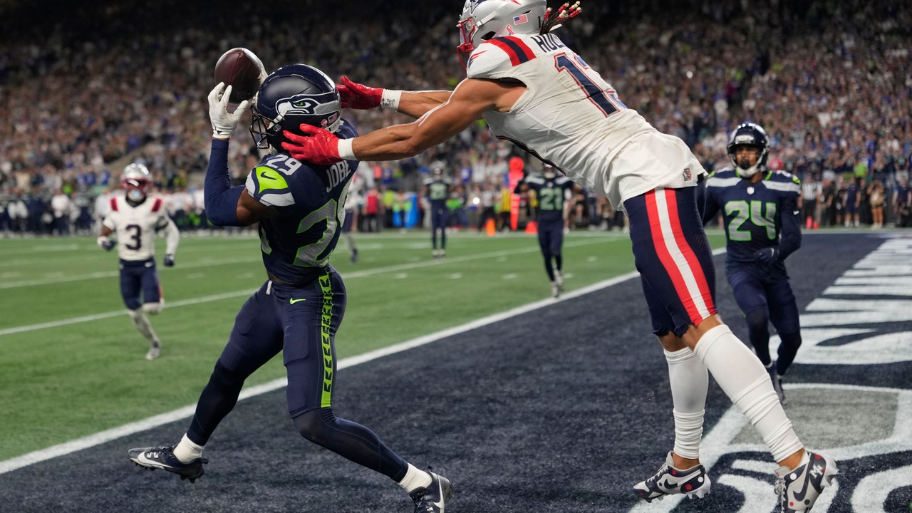Seahawks cornerback Josh Jobe intercepts Drake Maye in the end zone to seal Seattle's Week 1 win